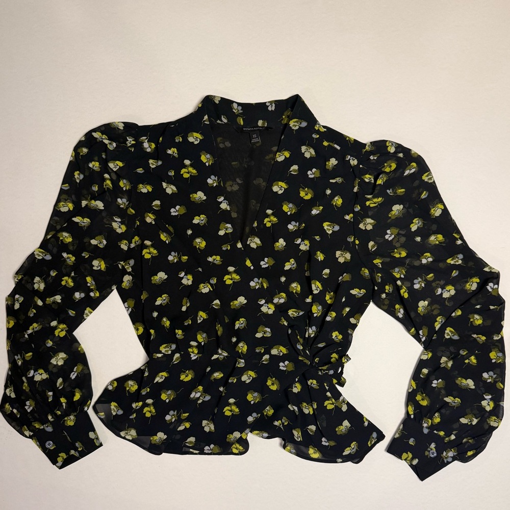 Black Floral Wrap Blouse with Cuffed Sleeves